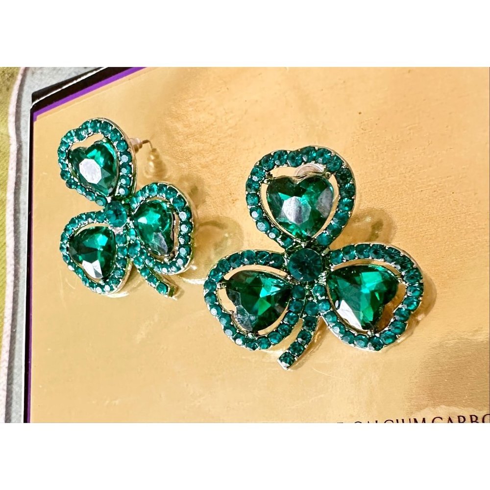 Shamrock Earrings Green Austrian Crystals Hearts Posts New St Patrick's …
